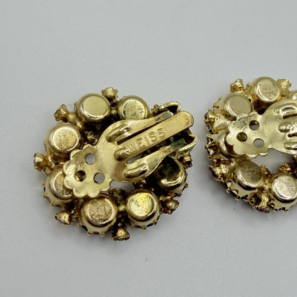 Vintage Weiss Earrings Pink Rhinestone Wreath Clip On Signed Purple Glamour 1